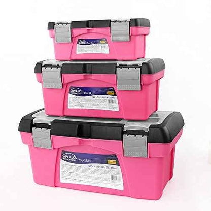 Apollo Tools Set of 3 Pink Stackable Tool Boxes with Top Compartment and Removable Trays for Crafts, Tool Storage - Pink Ribbon - DT5005P