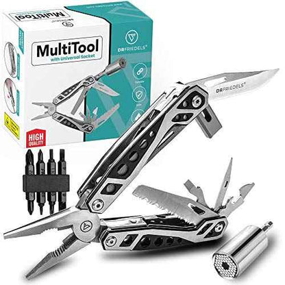 Multi Tool with Universal Socket - 22 in 1 Stainless Steel Multipurpose Tool with Saw, Pocket Knife, Wire Stripper & More - Small Tools for DIY Enthusiasts, Hobbyists, & Professionals by DrFriedels