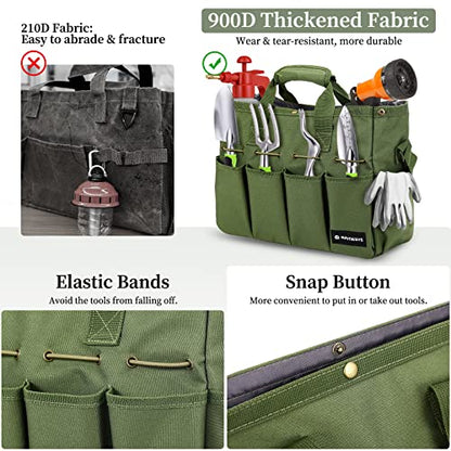 Garden Tote Bag, Gardening Tool Bag Organizer with Pockets & Handle, 900D Heavy Duty Garden Storage Bag with Long Adjustable Shoulder Strap for Tools, Green