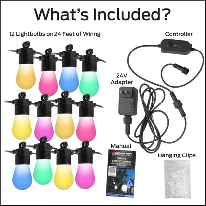 Monster 24 Foot Outdoor Smart RGB+IC+WW String Lights, 12 Bulb Color Flow Dimmable LEDs, Sound Reactive, Water & Weather Resistant, Compatible with Alexa, Siri, Google Home, App