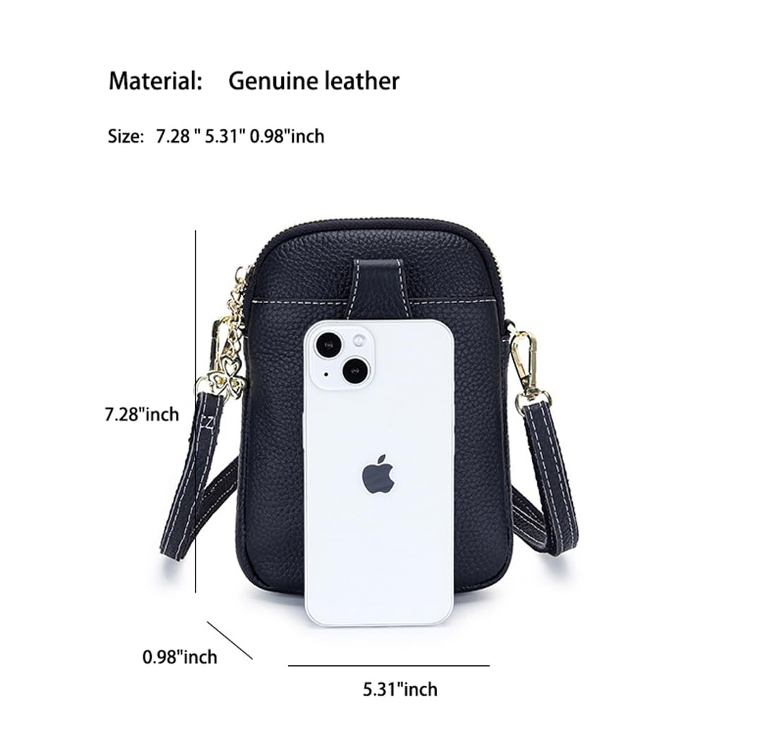 Genuine leather women's cross-body bag cowhide fashion mobile phone bag multi-functional and versatile zipper shoulder bag (Black)