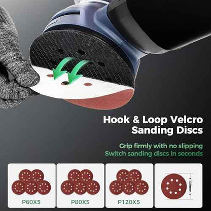 5-Inch Random Orbital Sander with Brake, 3.0AMP Electric Palm Sander 6 Variable Speed, 13000RPM Power Sander with 15pcs Sandpapers, ZeroDust & Vacuum Attach Collection System for Woodworking Sanding