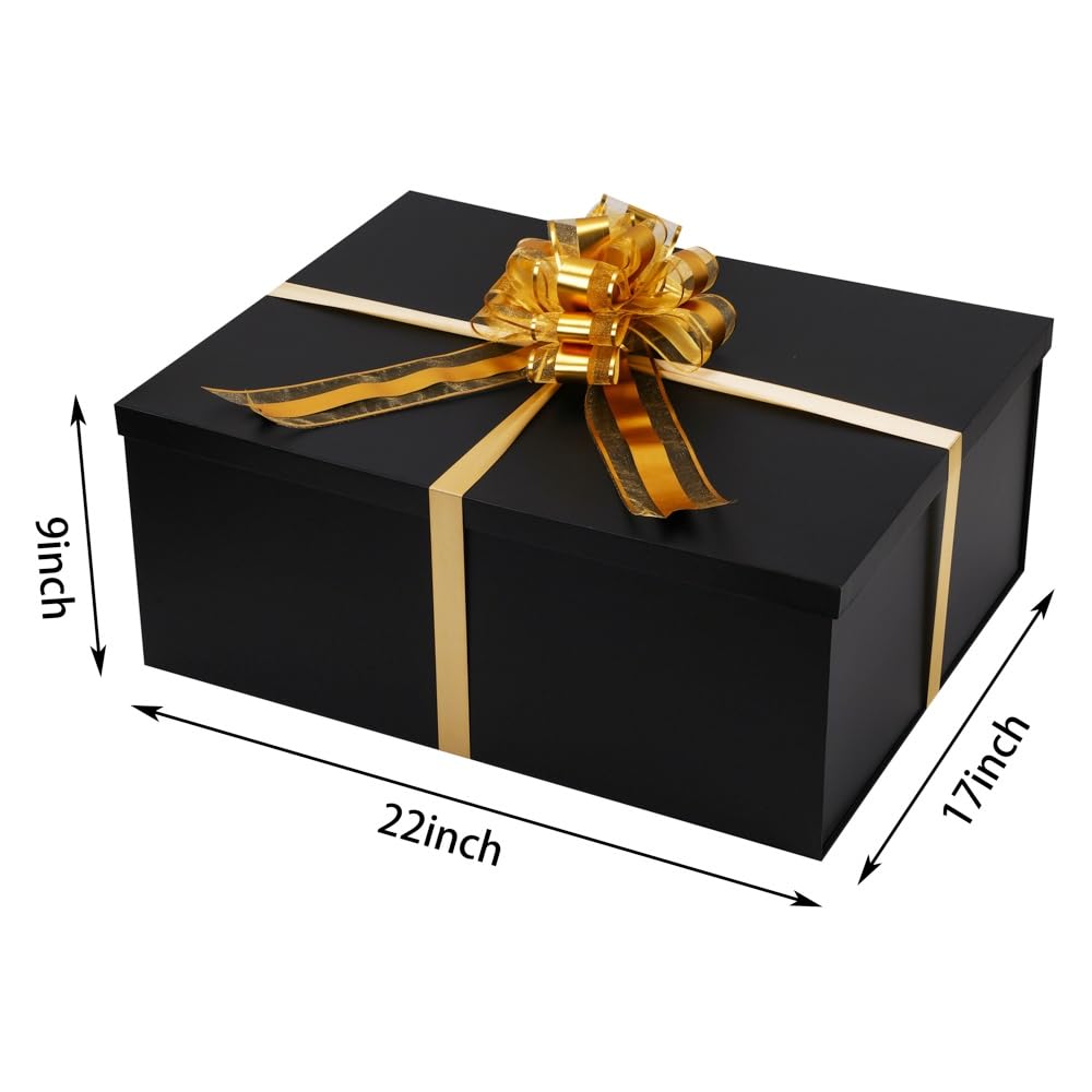 UoeRing Black Extra Large Gift Box 1Pcs 22x17x9 inch,luxury Gift Box with Lid for Presents Birthday Christmas Valentine's Day (Contain Pull Bows,Card,Envelope,Filler)
