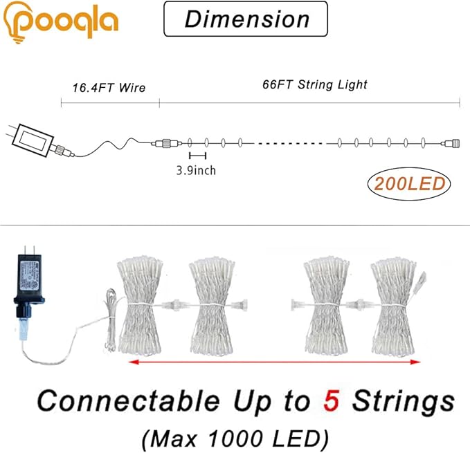 Pooqla Halloween Lights, 66 ft 200 LED Indoor Outdoor Halloween String Lights Plug in, Connectable 8 Modes Clear Wire Twinkle Fairy String Lights for Xmas Tree Decoration Clear wire, Orange and Purple