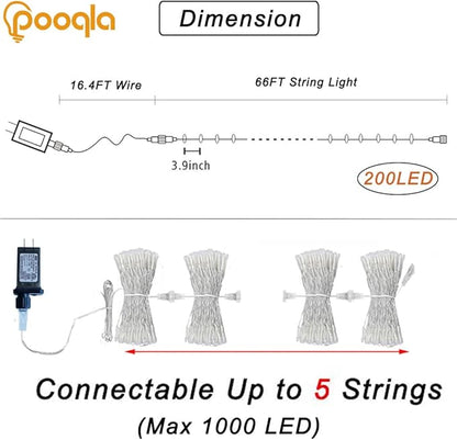 Pooqla Halloween Lights, 66 ft 200 LED Indoor Outdoor Halloween String Lights Plug in, Connectable 8 Modes Clear Wire Twinkle Fairy String Lights for Xmas Tree Decoration Clear wire, Orange and Purple