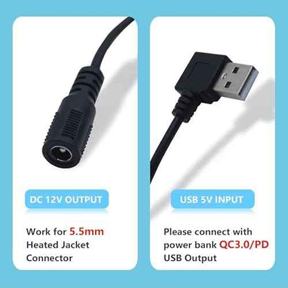 Heated Jacket Adapter Charger USB Voltage Step Up Cable for Milwaukee, M12, Snap-on, Metabo, Craftsman, AEG, Makita