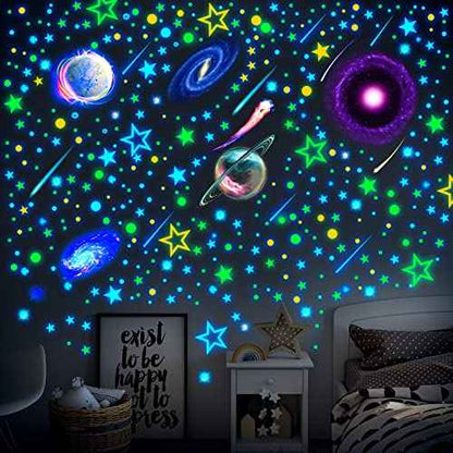 Spakon 495 Pcs Glow in The Dark Moons and Stars Wall Decals for Ceiling,Glowing Planets Wall Stickers Removable Galaxy Solar System Space Decal Nursery Stickers for Kids Bedroom Living Room Decor