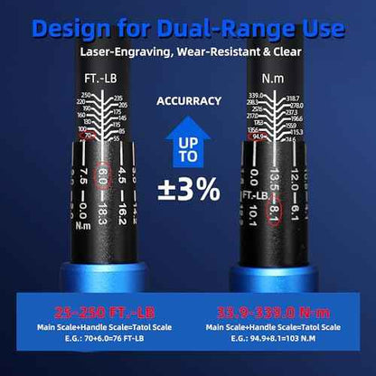 1/2-Inch Drive Click Torque Wrench, Dual-Direction Click Professional Torque Wrench 40-300FT.LB/33.9-339N.M, Dual Range Scales Graduated in FT.LB and N.M, Blue