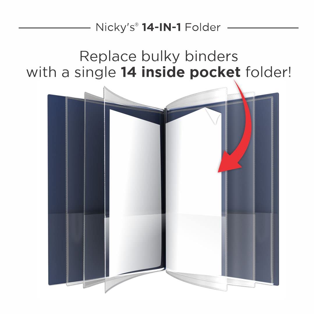 Nicky's® Multi Pocket Organizer, 10 or 14 Page Folder, Waterproof, Patented Tear-Resistant, Flexible Plastic, Proudly Made in USA, Binder Substitute. (14-in-1 Navy Blue)
