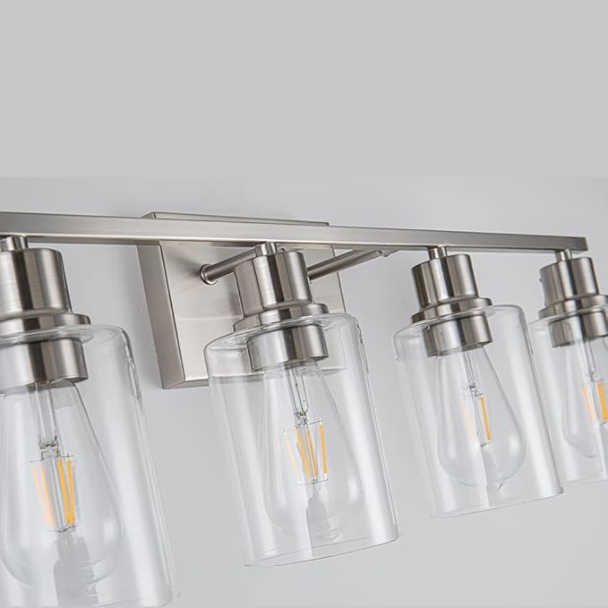 EMONG Brushed Nickel Bathroom Light Fixtures, 4-Light Vanity Lights with Clear Glass Shade, Wall Sconces for Hallway, Farmhouse, Living Room, Kitchen
