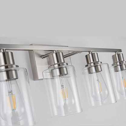 EMONG Brushed Nickel Bathroom Light Fixtures, 4-Light Vanity Lights with Clear Glass Shade, Wall Sconces for Hallway, Farmhouse, Living Room, Kitchen
