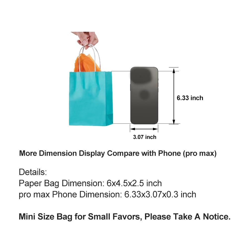 AWELL Mini Size Turquoise Blue Paper Bag with Handle Bulk Party Favor Bag 6x4.5x2.5 inch for Graduation Baby Shower Birthday Christmas Recycled Bag, 50 Counts