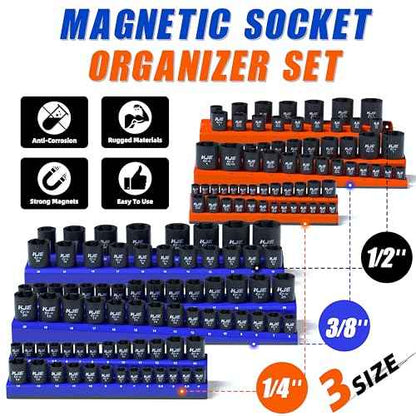 KJE Magnetic Socket Organizer Set 6 Piece, Magnetic Socket Holder Includes 1/4", 3/8", 1/2", Holds 143 Pieces Metric and SAE Socket Trays for Tool Box Drawer