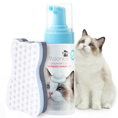 Mooncat Waterless Shampoo & Brush Kit for Longhair Cats | Complete Grooming System for Detangling, Deshedding & Matted Fur | Licking Safe No-Rinse Foam with Gentle Silicone Massager - Made in Taiwan