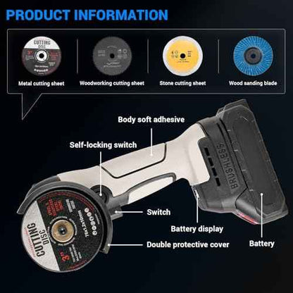 Brushless Angle Grinder Tool,20V Portable Angle Grinder with 5-Cutting Discs 28000rpm,Power Angle Grinder for Wood Metal Stone Concrete