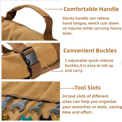 Wrench Roll Up Organizer Pouch,Heavy Duty 16oz Waxed Canvas Tool Bag, 24 Pockets Tool Roll Bag with Buckle