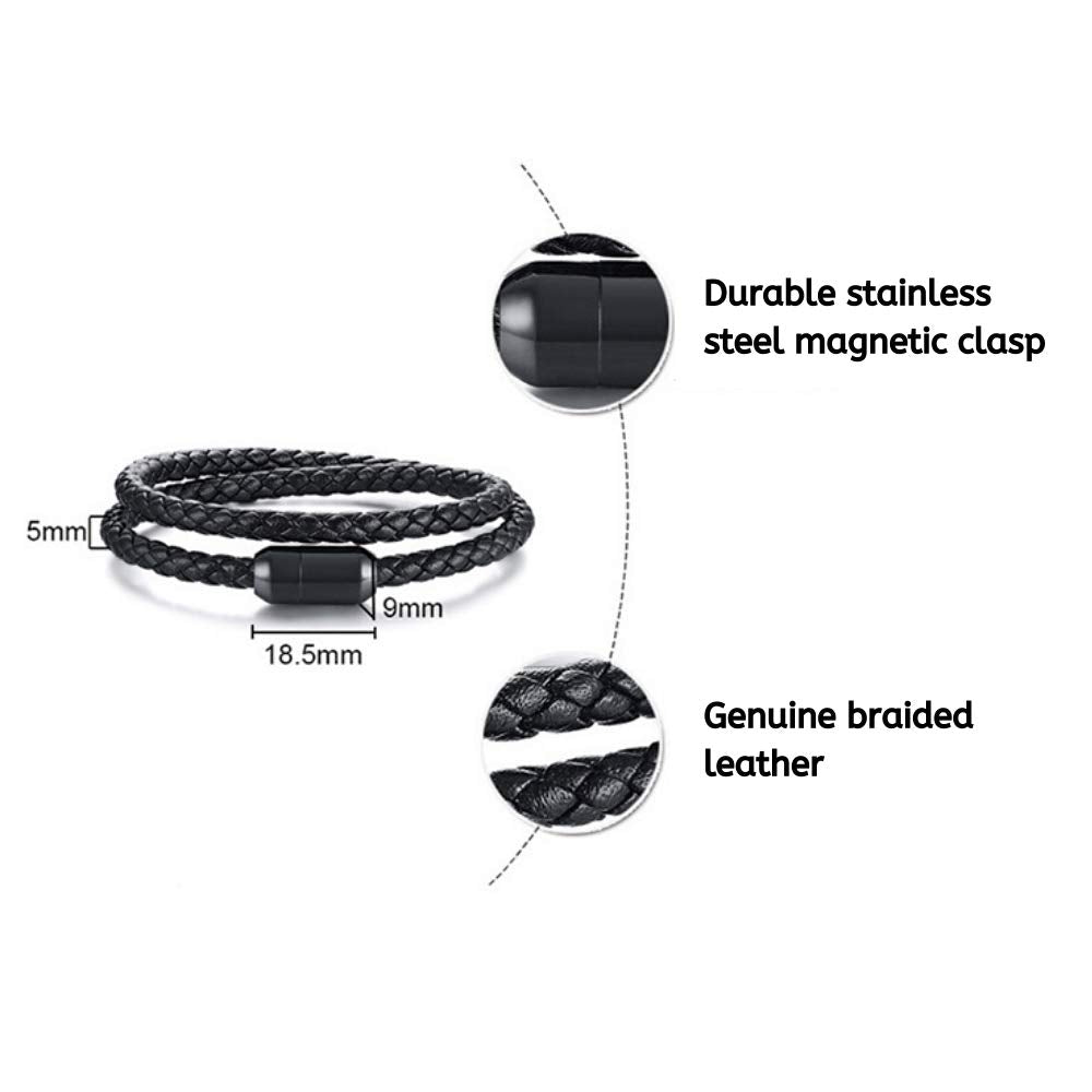 Globi Leather Bracelet For Men | Genuine Wrap Braided Leather Cuff Bangle Bracelet with Magnetic Stainless Steel Clasp For Men/Women (Black 7”)