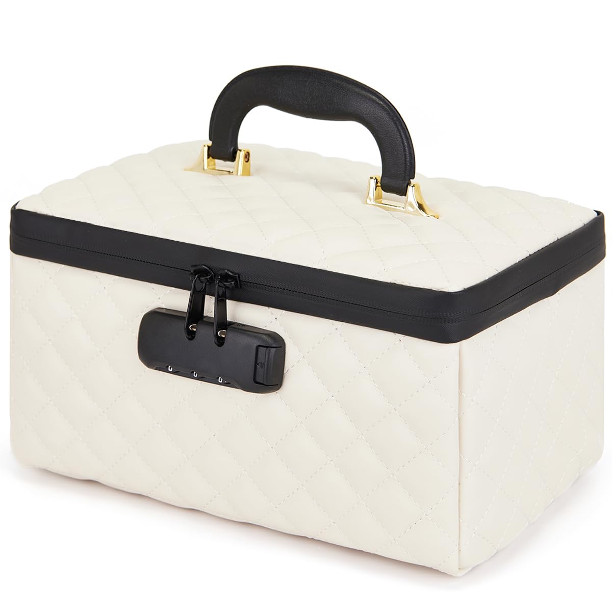 KaAutoler Portable makeup box with Lock, Large Capacity Travel Makeup Case Organizer, Makeup Bags for Girls Traveling With Handle and Divider Makeup Bag (off-white)