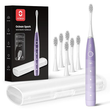 Oclean Electric Toothbrush for Adults, 150 Days Battery Life Electric Toothbrush, USB Rechargeable Sonic Travel Toothbrush with 6 Brush Heads & Travel Case, 5 Modes and Smart Timer, Purple