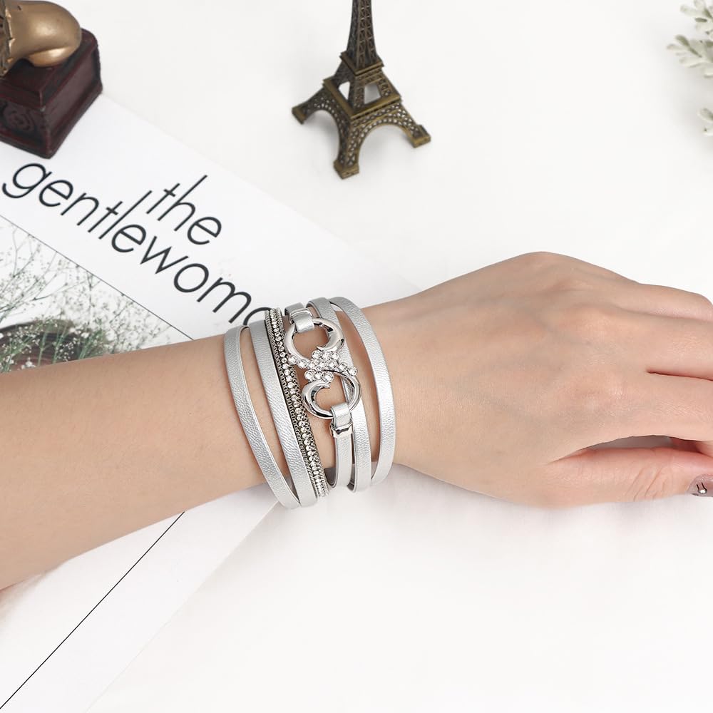 Leopard Bracelet for Women Boho Wrap Bracelets PU Leather Cuff Bangle Bracelets Jewelry with Clasp for Mother (Pnk)