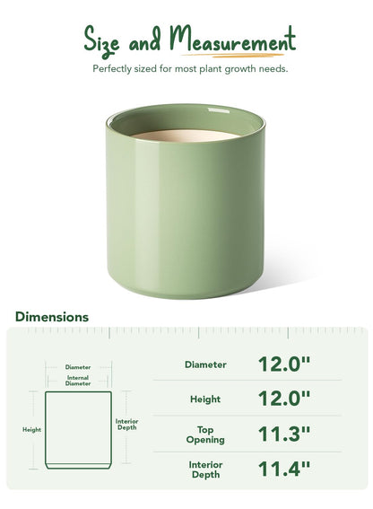 LE TAUCI 12 Inch Pot for Plants, Ceramic Planters for Indoor Plants, Mid-Century Modern Cylinder Flower Pots with Drainage Hole, Fits Fiddle Leaf Fig & Monstera, Home Decor, Sage Green