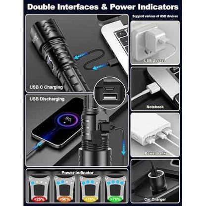 PHIXTON Rechargeable Flashlights High Lumens 10000 Super Bright Long Range 3280FT, Long Lasting 15H Powerful USB C LED Strong Flash Light High Powered, Heavy Duty, Zoomable, for Home Camping Gift