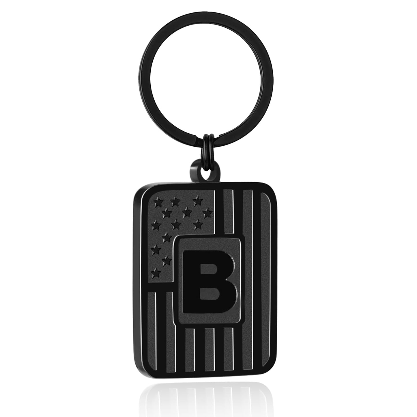 Miss Chipmunk Initial Keychain Gifts for Men Dad,Letter American Flag Dog Tag Keychain for Men Him Dad(Black B)
