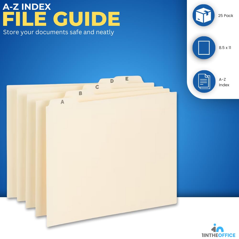 1InTheOffice Alphabetical File Organizer, File Cabinet Dividers, A-Z Tab Divider, Letter Size, 1/5 Cut, Manila, 25 Pack