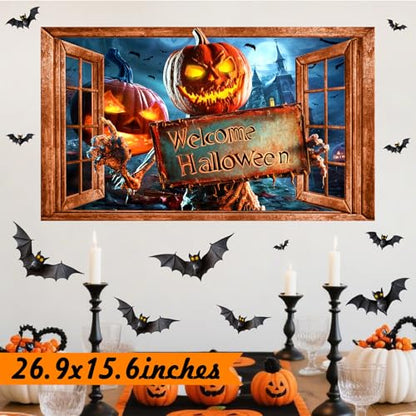 Halloween Decorations Stickers for Wall Spooky Pumpkin Bats Decals Scary Fake Window Wall Decal Peel and Stick Indoor Halloween Decor Monster Vinyl Art Mural for Living Room Haunted House Party Supply