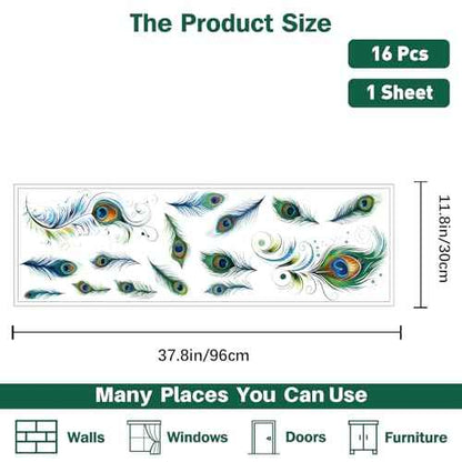 PLIGREAT Peacock Feathers Wall Stickers, Removable Vinyl Peel and Stick Wall Decals Green Tail Feathers Wall Decors for Living Room Bedroom Office Home Indoor DIY TV Background Wall Decoration