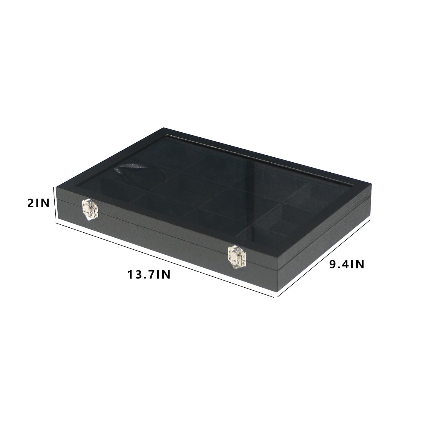 Coward Jewelry Organizer Box, Black Velvet 12 Grids Bracelet Bangle Necklace Jewelry Display Tray Case with Transparent Glass Lid for Home Drawer Desk or Store Selling Show