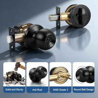 Knobonly Keyed Alike Exterior Door Knob, Round Outdoor Lock with One Sided Deadbolt, Stainless Steel, Matte Black Door Knobs, Black Door Handle Sets, 4 Pack