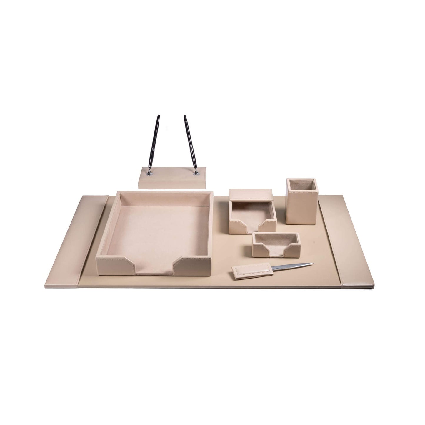 Dacasso Bonded Set Luxury Leather Desk Pad & Desk Organization Essentials, 7 Piece, White Latte
