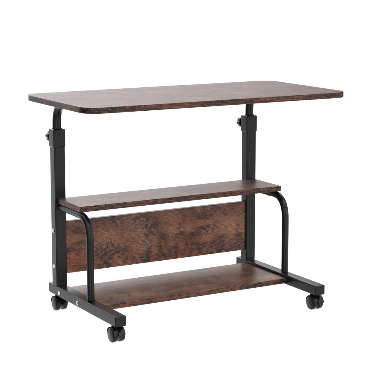 QZMDSM Portable Rolling Desk on Wheels Adjustable Height Desks for Small Spaces, 32" Computer Desk Drafting Tables with Storage Shelves for Home Office Rustic