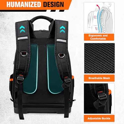 Tool Backpack Heavy Duty for Men Women, 77 Pockets Water-resistant Hvac Tool Bag Backpack Organizer with Waterproof Molded Base, 1680D, Durable Multi-Use Pocket for Electrician Construction