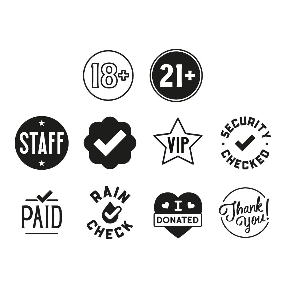 COLOP Printer R17 Event Hand Stamp Set with UV Ink, Special Event Supplies, Multiple Designs, Self-Inking, 10 Designs, 2 Stamps, Perfect for Festivals, Concerts, Bars