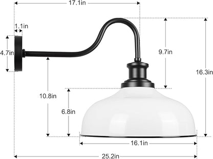 Outdoor Gooseneck Barn Lights, 16 Inch Dome Outdoor Wall Sconce Farmhouse Exterior Wall Mount Light Vintage Wall Lighting Fixture Industrial Lantern for Porch, Entryway, Garage, RZ007L-2 WH