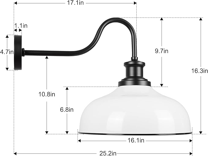 Outdoor Gooseneck Barn Light,16 Inch Dome Outdoor Wall Sconce Farmhouse Exterior Wall Mount Light Vintage Wall Lighting Fixture Industrial Wall Lantern for Porch, Entryway, Garage, RZ007L WH
