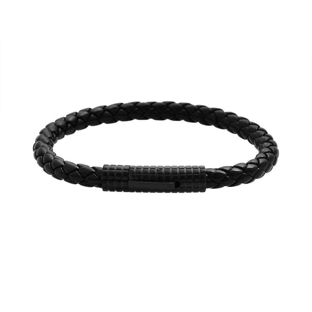 Edforce Classic Braided Genuine Leather Wrist Band Cuff Bracelet, 8.25inches (Black)