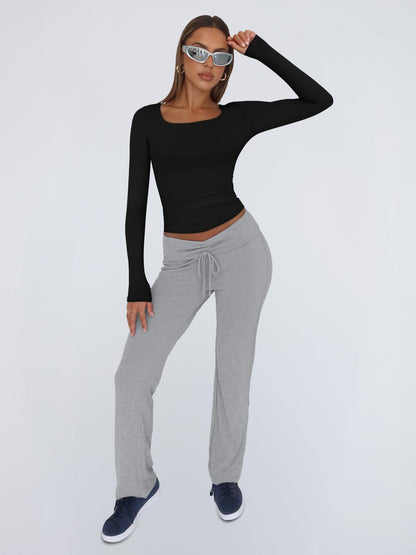 Trendy Queen Womens Long Sleeve Shirts Crop Tops Fall Fashion 2025 Square Neck Going Out Basics Tees Y2k Clothes Black M