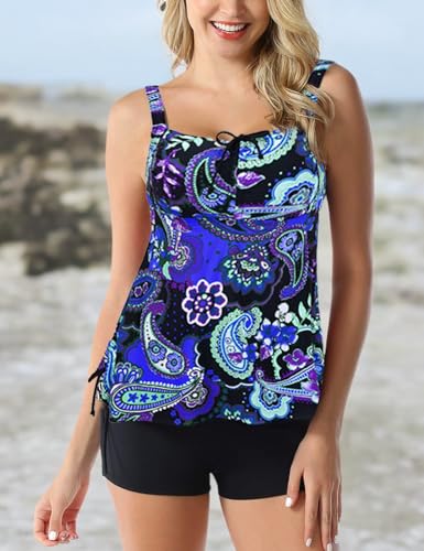 Septangle Women's Plus Size Swimsuit Floral Print Bathing Suit Two Piece Push Up Swimwear (Royal Blue,US 12)