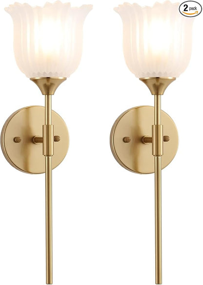 Gold Wall Sconce Set of 2 with Frosted Glass Shades Modern Mid Century Bathroom Vanity Wall Light Fixtures Industrial Brushed Brass Wall Lamp for Bedroom Mirror Living Room Restaurant