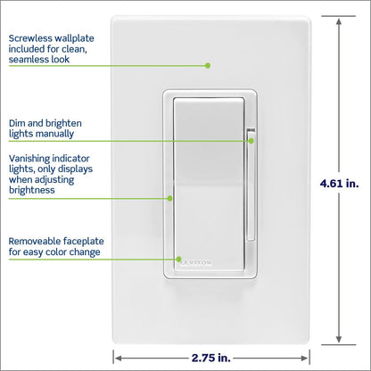 Leviton Decora Smart Dimmer Switch, Wi-Fi 2nd Gen, Neutral Wire Required, Works with Matter, My Leviton, Alexa, Google Assistant, Apple Home/Siri & Wired or Wire-Free 3-Way, D26HD-1RW, White