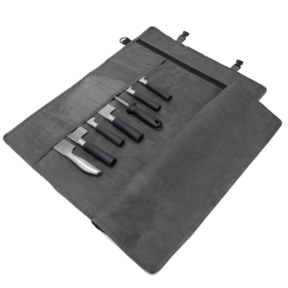 HERSENT Chef’s Knife Roll Bag,Waxed Canvas Knife Cultery Carrier,Portable Chef Knife Cases,Knife Pouch Holders With 10 Slots Plus 1 Zipper Pockets Can Hold Home Kitchen Knife Tools Up To 18.8”