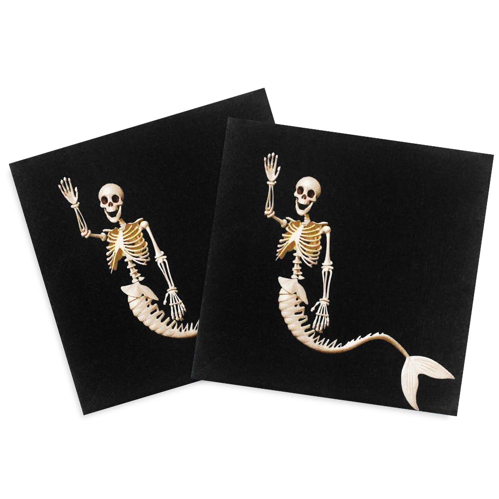 Dulousia 60count Halloween Napkins - 6.5x6.5in Disposable Paper Napkin Mermaid Skeleton Black Napkins for Halloween Get-together, DIY Parties, Holiday Celbration Home Dinner Skull Themed Table Decor