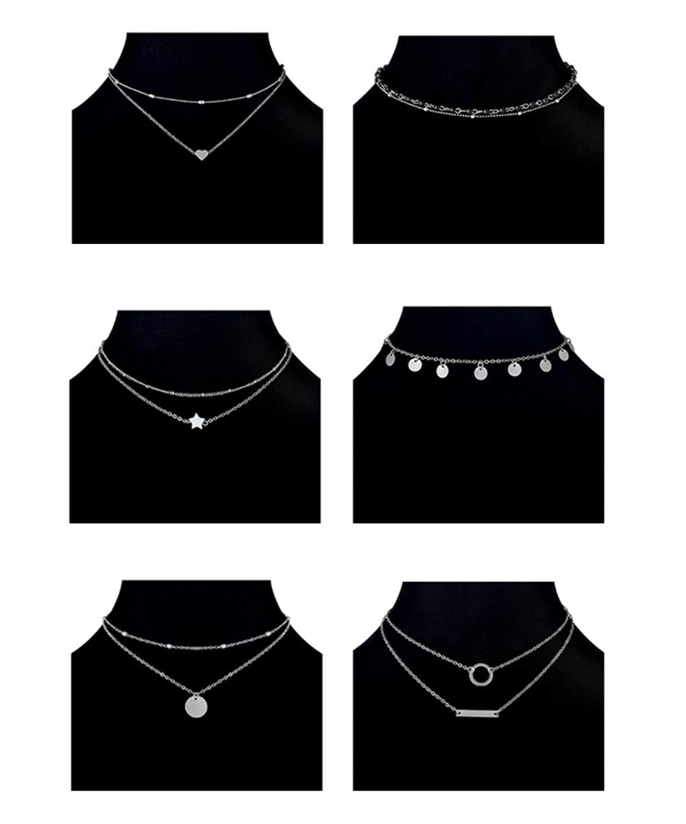 Ofeiyaa 12pcs Chain Gold Bead Necklace Coin Moon Star Pearl Pendant Chain Choker Multilayer Necklace Leather Cord Set for Women Men Adjustable Tone