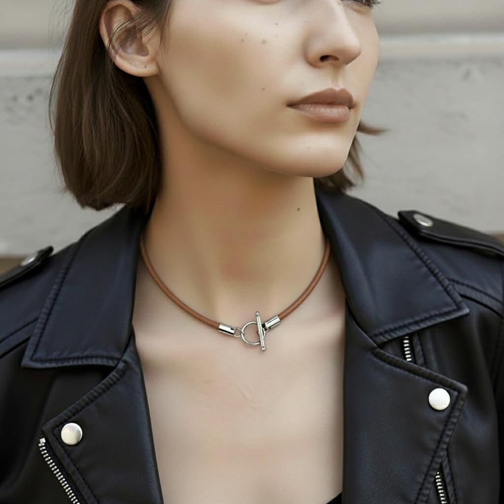 Leporem Leather Cord Necklace, 4mm Cowhide with Stainless Steel Toggle Bar Closure, Minimal Unisex Necklace for Charms & Pendants (Brown, 14 inch)
