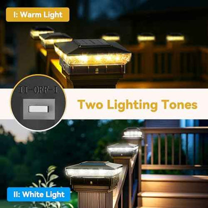 Solar Post Cap Lights, 12-Pack Upgraded Outdoor Deck Fence Post Solar Lights for 4x4 5x5 Wood/Vinyl Posts, IP65 Waterproof, 10-12 Hours Warm/Cool White Glow for Garden/Patio/Porch - Black