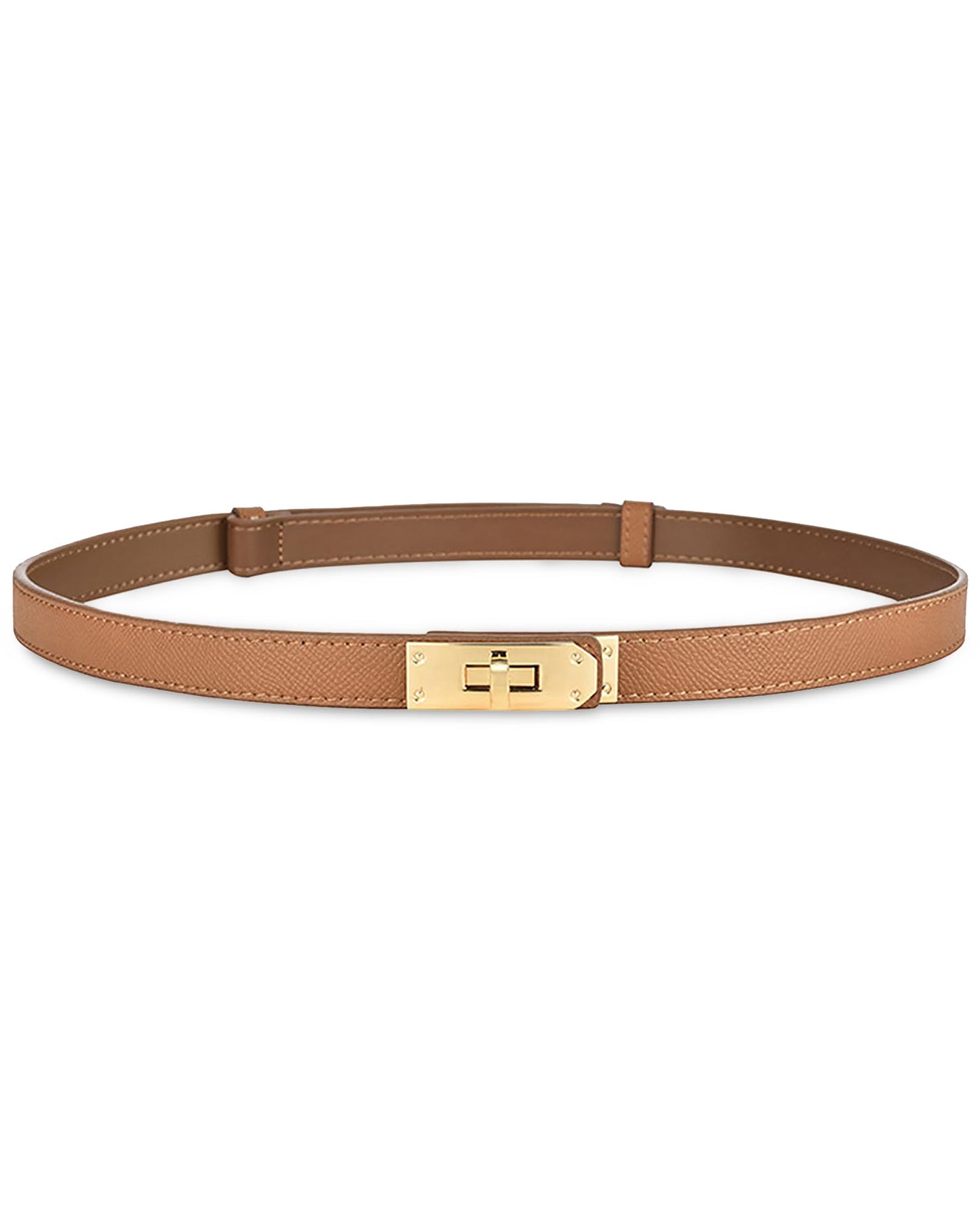 ANHAISHUILV Women's Skinny Leather Belt with Adjustable Golden Turn-Lock Buckle - Ideal for Dresses, Jeans, and Coats, Caramel Black