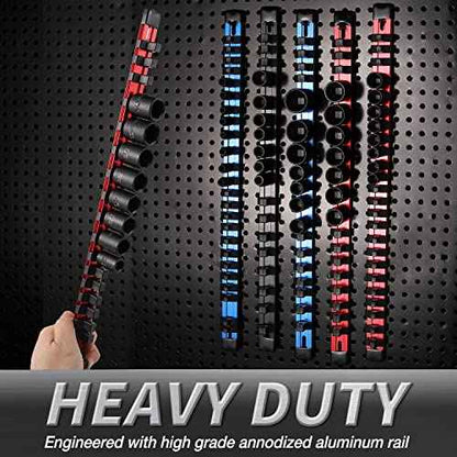 ALOANES 3 PC 3/8-Inch Drive Aluminum Alloy Socket Organizer, Heavy Duty Socket Racks, Socket Holder Kit 3/8-Inch x 54 Clips (Red)
